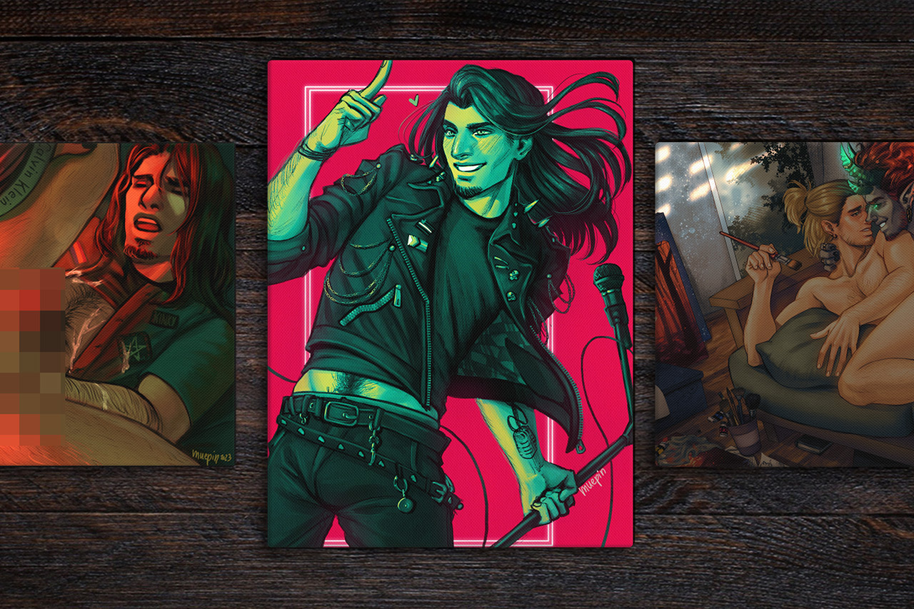 Digital mockup showing 3 canvas prints on dark wood. 2 prints are slightly out of frame.