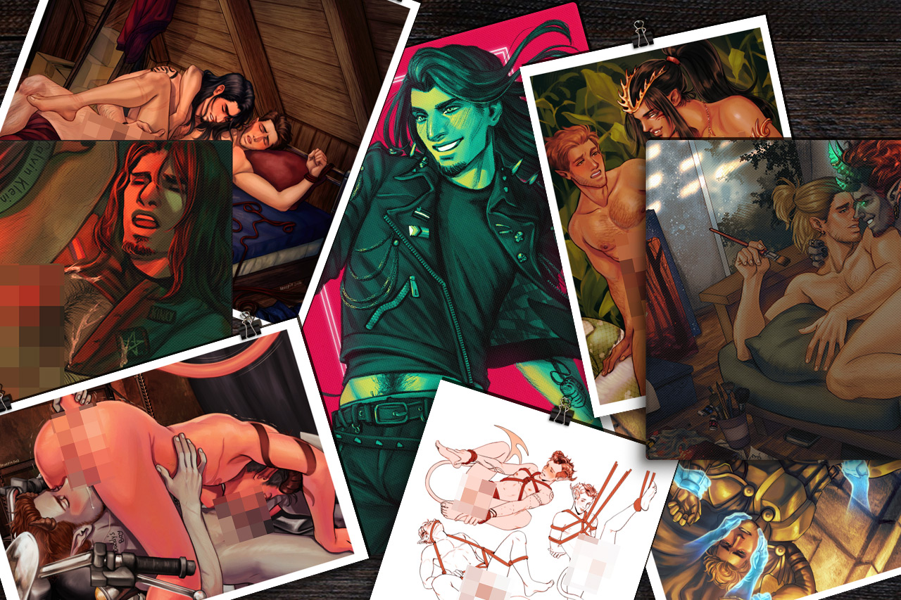 Digital mockup showing a wild mix, or pile, of various art and canvas prints on dark wood.